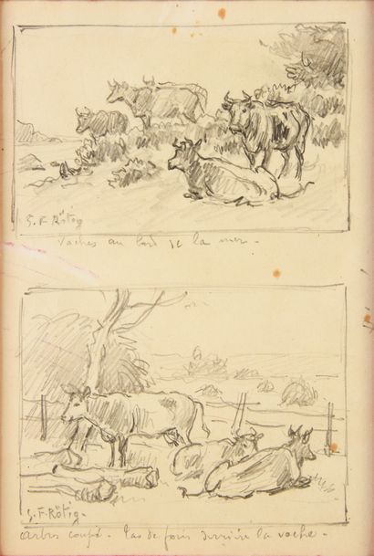Georges Frédéric ROTIG (1873 - 1961) Etudes de vaches.
Crayon, signé en bas à gauche...