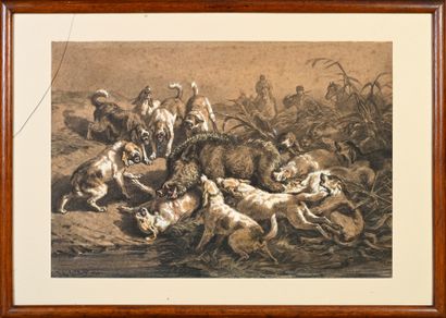 Jules Gelibert (1834-1916) Wild boar farm
Drawing and gouache
Signed and dated 1866...