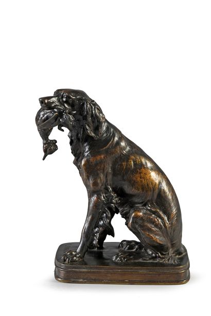 Ferdinand PAUTROT (1832 - 1874) Large spaniel sitting with a teal in his mouth.
Bronze...