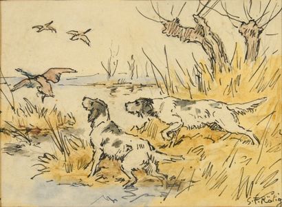 Georges Frédéric ROTIG (1873 - 1961) Deux chiens à l'arrêt.
Aquarelle gouachée et...