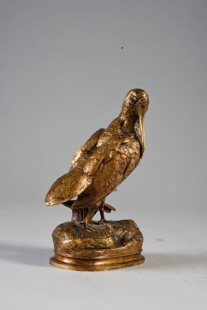 Alfred DUBUCAND (1828 - 1894) Bécasse à l'écoute.
Bronze à patine dorée, signé sur...