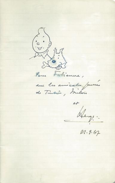 HERGÉ TINTIN ET MILOU Dessin dédicace représentant Tintin et Milou réalisé au stylo...
