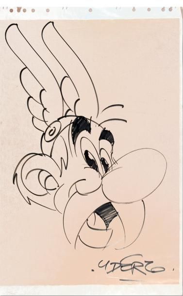 UDERZO, Albert ASTERIX. Très grand portait du héros réalisé aux feutres noirs. Format:...