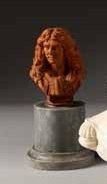 Molière Petit buste en terre cuite, d'après Jean-Baptiste Nini, reposant sur un socle...