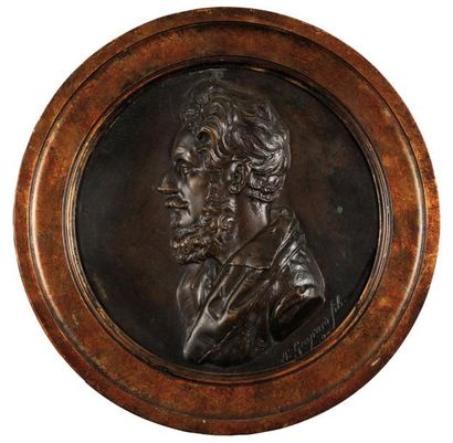 GAYRARD Paul, fils (1807-1855) Profil d'homme. Grand médaillon rond en bronze à patine...