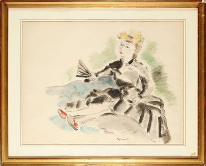 André DIGNIMONT (1891-1965) Jeune femme à l'éventail Aquarelle signée en bas vers...