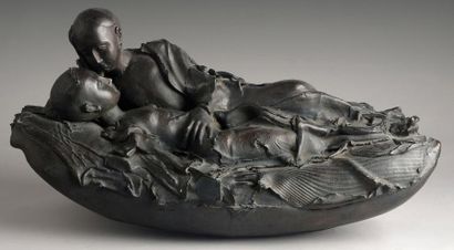 Georges JEANCLOS Embarquement pour Cythère Bronze à patine noire n°6/8 H.: 27 cm,...