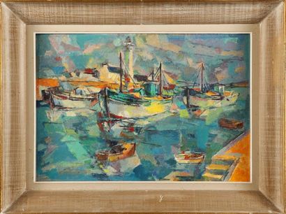 Marcario VITALIS (1898-1990) Les barques devant le phare Huile sur toile. Trace de...