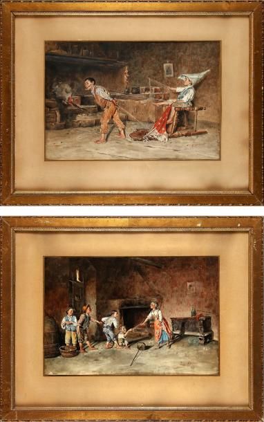 Vincenzo LORIA (1849-1939) Jeux d'enfants: Colin Maillard et l'Attelage Paire d'aquarelles...