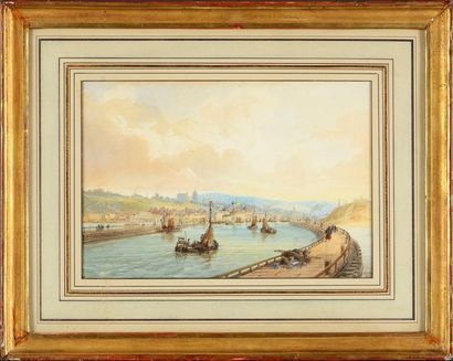 KELLIN Port de Boulogne Gouache signée et datée 1855 16 x 23 cm