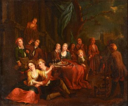 Attribué à Jan Josef HOREMANS (1682 - 1759) Le banquet Toile 46 x 57 cm Restaura...