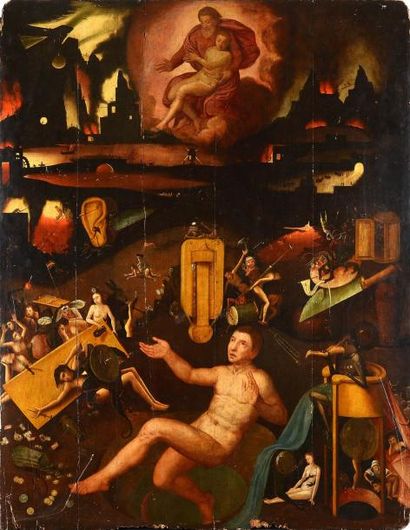 Pieter HUYS (Anvers 1515 - 1584) La naissance d'Adam Panneau de chêne, quatre planche(accidents...