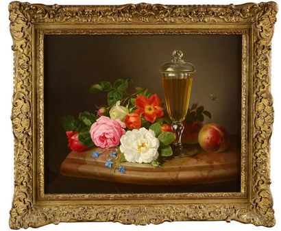 Josef LAUER (Vienne 1818 - 1881) Pêches, roses et verre sur un entablement Sur sa...