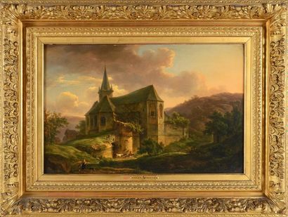 Henri van ASSCHE (Bruxelles 1774 - 1841) Paysage à la vieille église Panneau 42 x...