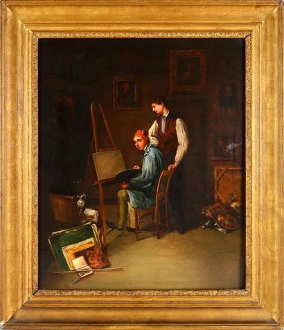 P. ROSENZWEIG (Actif au XIXe siècle) L'atelier du peintre Toile 60,5 x 50,5 cm Signée...
