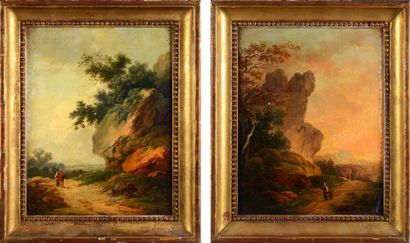 Louis Philippe CREPIN (attribuées à) Paysages de collines rocheuses. Paire d'huiles...