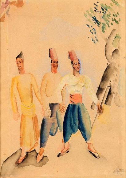 Nahum GUTMAN (1898 - 1980) Trois ottomans Aquarelle signée en bas à droite (pliures)...