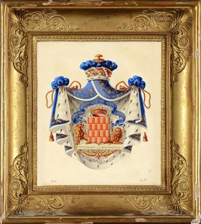 null Aquarelle sur papier Blason des Kergorlay, datée: 1825 20 x 17 cm