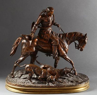 Pierre Jules MENE (1810 - 1879) Valet Louis XV et chiens en défaut. Rare bronze à...