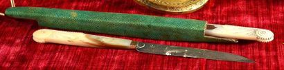 null Etui en galuchat teinté vert, gainé de velours cramoisi, contenant deux couteaux,...