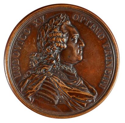 null Louis XV. Médaille en bronze à patine brune représentant le roi en buste de...