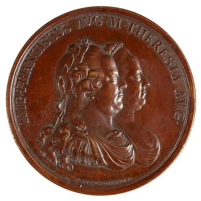 null François et Marie-Thérèse d'Autriche. Médaille ronde en bronze à patine rouge,...