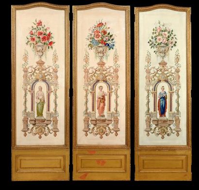 null Les Muses, remarquable suite de trois panneaux d'un paravent brodé, vers 1840-1850,...
