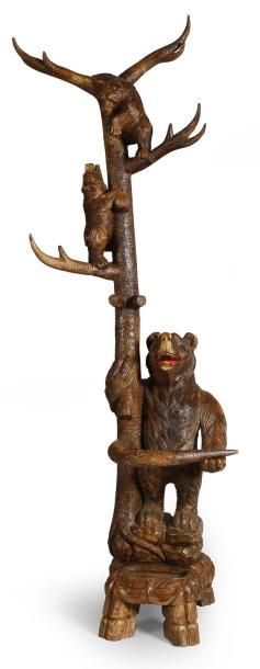 null Porte manteau en bois naturel sculpté d'un ours et ses 2 oursons Travail de...