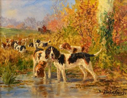 Marie CALVES (1883-1957) Meute de chiens Huile sur toile signée en bas à droite 48,5...
