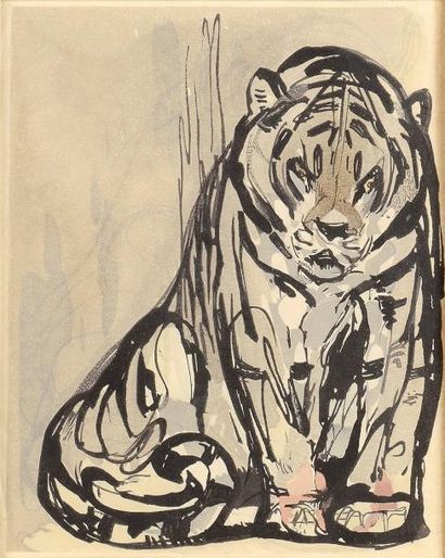 Paul JOUVE (attr à.) Le tigre. Gravure sur bois. Dim. 19,5x15,5 cm