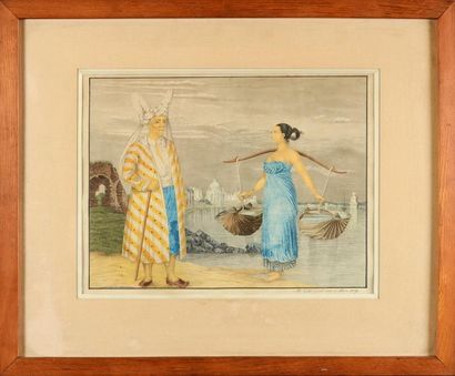 Aloys ZOTL (1803 - 1887) Homme enturbanné et porteuse d'eau devant un palais indien...