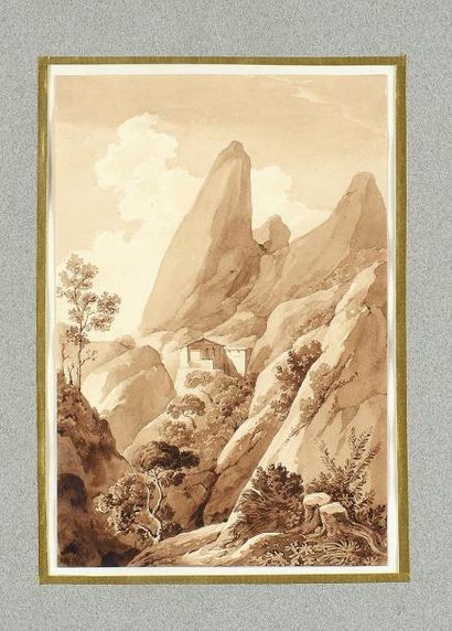 Ecole Italienne du XIXe siècle Paysage de montagne Dessin au crayon sépia. 19 x 14...