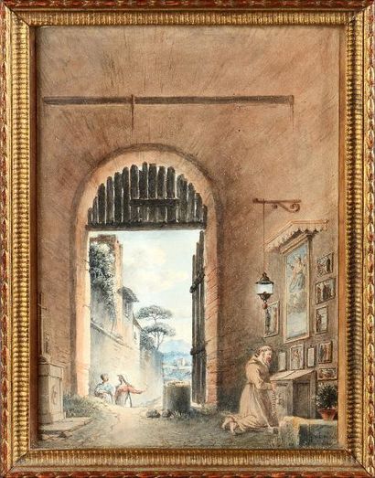 NICOLLE Victor Jean (1754 - 1826) Intérieur d'un oratoire. Plume, lavis et aquarelle,...