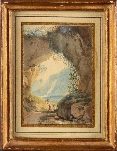 THIENON Claude (1772 - 1846) Paysage rocheux. Aquarelle, signée 9 x 6,2 cm