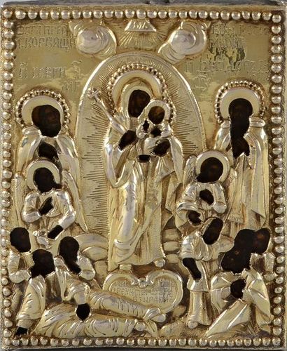 null Icône peinte sur bois, «Vierge à l'Enfant», entourée de saints et d'archanges....