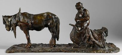 TROUBETZKOY Paul Pétrovitch (1866-1938) Cochet et sa troïka. Bronze à patine verte,...
