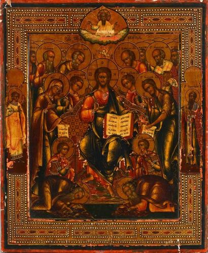 null Icône peinte sur bois, représentant le Christ entouré d'une assemblée de saints....