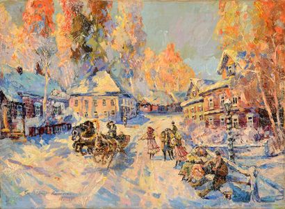 KOROVINE Constantin Alexeïévitch (1861-1939) Troïka traversant un village en hiver....