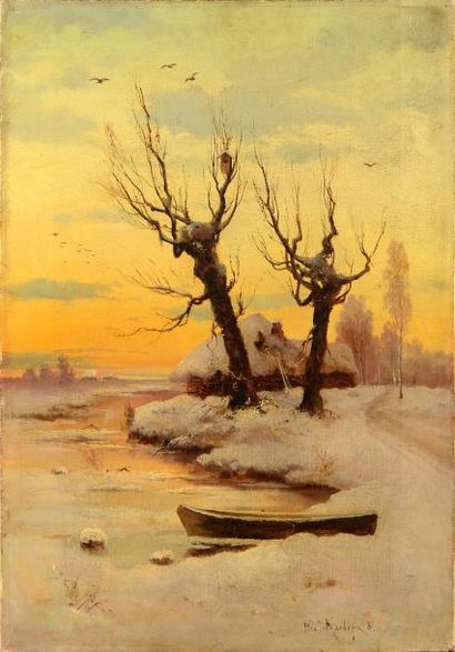 KLEVER Youri Youlievitch (1850-1924) Isba près d'un lac en hiver. Huile sur toile,...