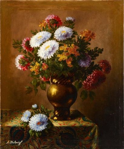 OKOLOWICZ Nikolaï Alexandrovitch (1867-1928) Nature morte au bouquet de fleurs. Huile...