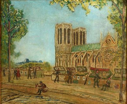 BERDAIEV Igor Bouquinistes devant Notre-Dame de Paris. Huile sur toile, signée en...