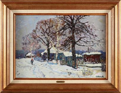 IVANOFF Alexandre, école russe du XXe siècle Paysage sous la neige. Huile sur carton,...