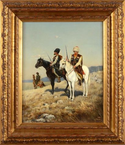 WENIG Karl Bogdanovitch (1830-1908) Cosaques à cheval. Huile sur toile, signée en...