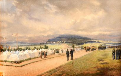 TEISCHEL Franz (1816-?) Vue d'un camp d'entraînement militaire. Aquarelle, signée...