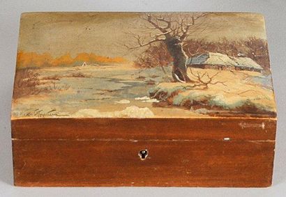 null Boîte rectangulaire en bois, à décor polychrome sur le couvercle d'un paysage...