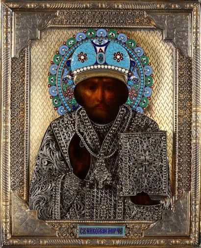 Icône peinte sur bois, représentant Saint-Nicolas....