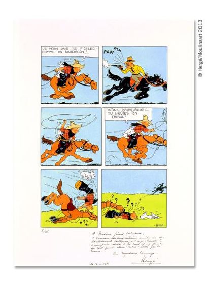 HERGÉ Tintin en Amérique. Tirage en 4 exemplaires d'une planche de l'édition en noir...