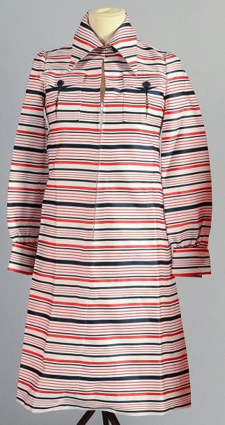 SCHERRER Jolie robe type manteau à rayures blanc/rouge/marine. forme trapèze, petit...