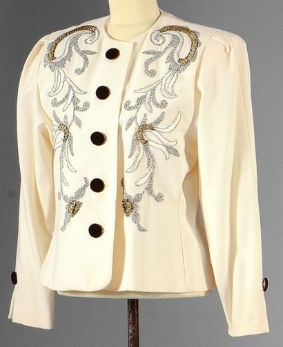 Ted LAPIDUS HAUTE COUTURE Veste habillée en crêpe blanc cassé sans col avec jolies...