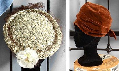 null RÉUNION de 7 chapeaux, 1930-1950, Principalement béret en peau noir et chapeau...
